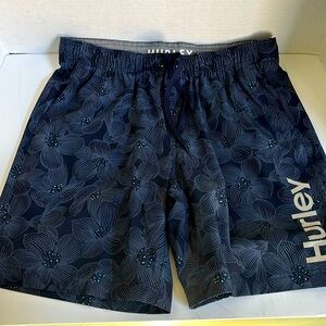 Hurley Navy Flower Pattern Mens Board Shorts Swim Trunks L Black Lining EUC